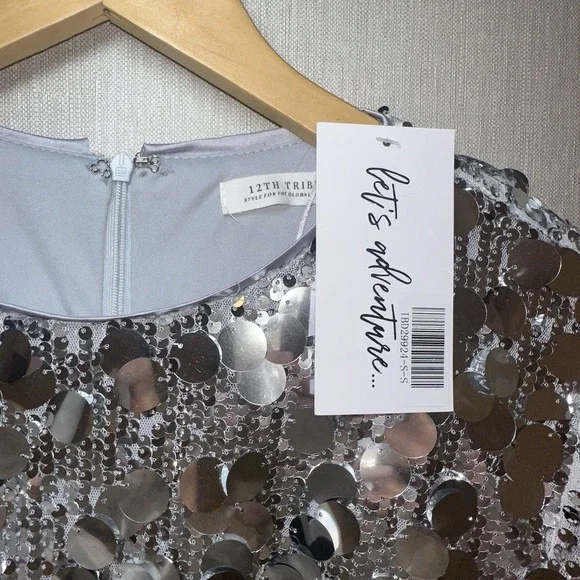 New 12th Tribe Pippa Silver Payette Long Sleeve Mini Dress S - Picture 7 of 12